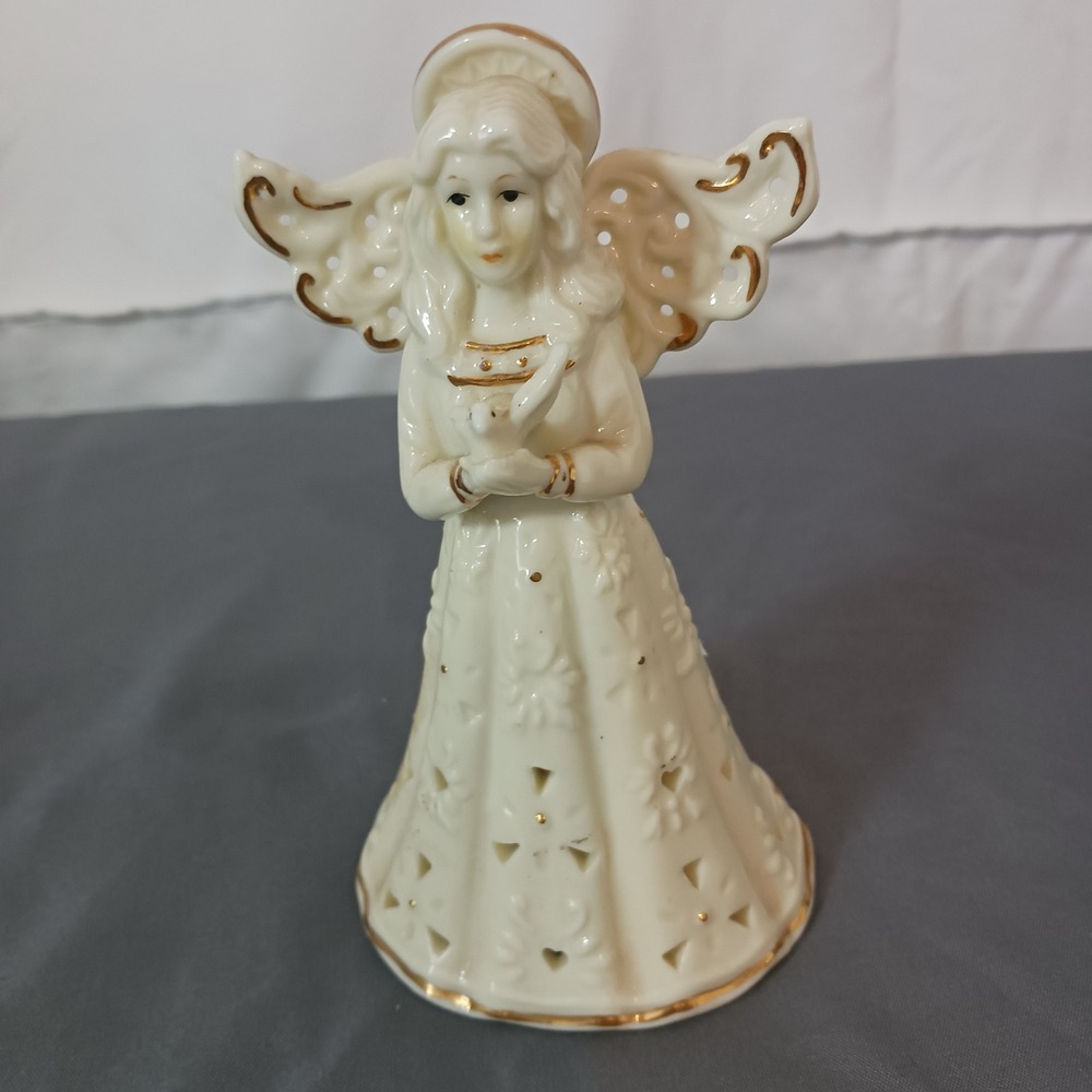 Unbranded Angel Bell Figurine OS Ivory Excellent Porcelain Gold Trim